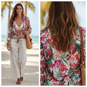 C by One S Tropical Floral Festival Resortwear Bohemian Oversized Satin Blouse